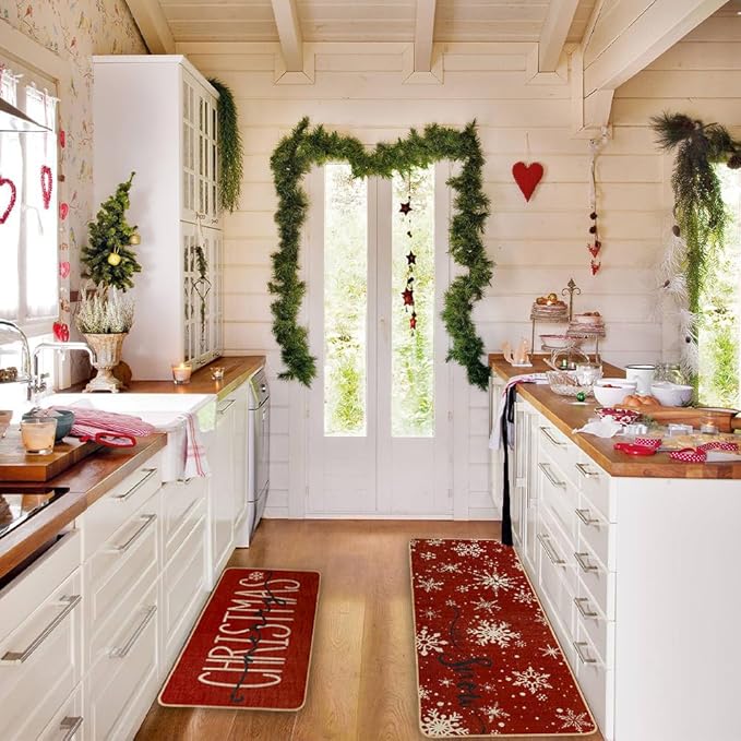 Snowflake Christmas Kitchen Mats Set of 2, Red Merry Christmas Let It Snow Winter Holiday Home Decor Kitchen Rugs for Floor 17x29 and 17x47 Inch
