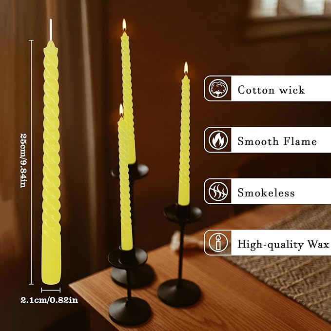 12 Pack 10 inch Yellow Spiral Taper Candles - Dripless, Smokeless, Unscented - 7 Hours Long Burning - Spiral Tall Candlesticks - Perfect for Home Decor, Weddings,Halloween, and Special Occasions.