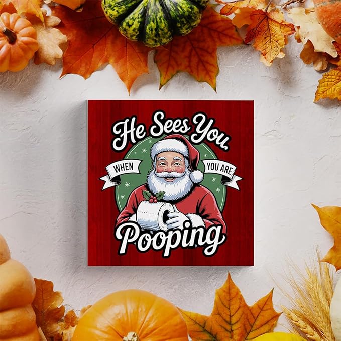 HTBIG Funny Bathroom Christmas Decor He Sees You When You Pooping Bathroom Wooden Box It In The Corner Shelf 5 x 5 Inch