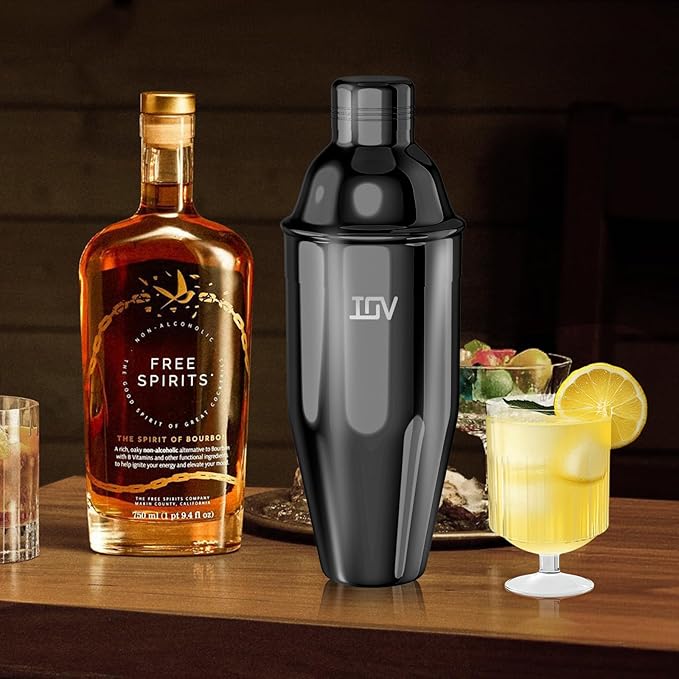 IOV Cocktail Shaker, 24 oz Martini Shaker, Drink Mixer with Built-in Strainer, Professional Stainless Steel Margarita Alcohol Shaker with Cocktail Recipe Guide, Bartender Kit Gifts, Black