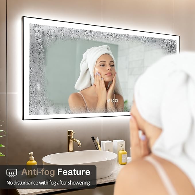 55x36 Inch LED Bathroom Mirror with Black Frame, Backlit and Front Lighted Bathroom Mirrors for Wall, Anti-Fog, Dimmable, Memory, Shatterproof, LED Vanity Mirror for Bathroom