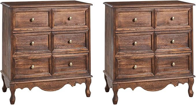 HULALA HOME 3-Drawer Nightstand with Charging Station, Drawer Organizer with Wood Legs, Farmhouse Solid Wood Nightstand Set of 2(Walnut)