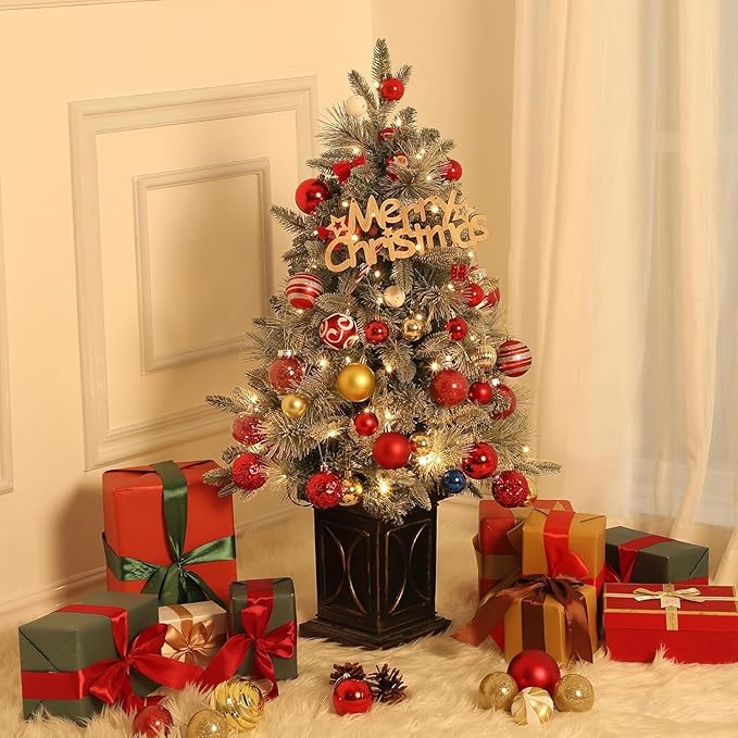 3ft Christmas Tree Pre-Lit Artificial Christmas Tree with Vintage Potted Base, Flocked Snow 78 Warm White LED Lights 8 Lighting Modes, Xmas Holiday Decor for Home, Entrances