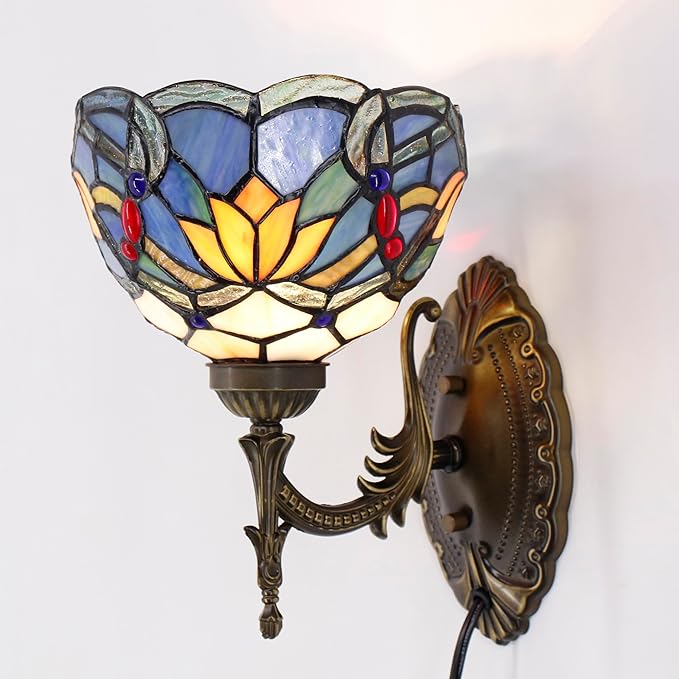Tiffany Wall Sconce Lamp Blue Stained Glass Flower Style 8X10.5X11 Inch Plug in Wall Bedside Light for Hallway Bedroom (Blue Lotus Style)