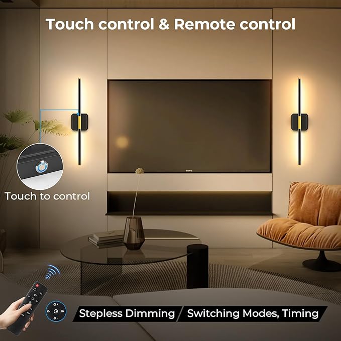 Battery Operated Wall Sconces Set of 2, Detachable 360°Rotate Wall Lamps, 3000-6500K Dimmable with Remote Control, 10000mAh Rechargeable Wall Lights for Bedroom, Living Room,28" Black Gold