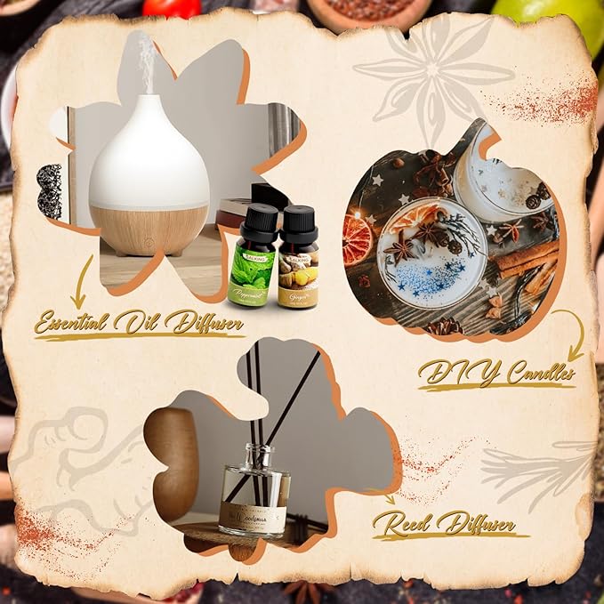 SALKING Spice Essential Oils, Premium Fragrance Oil for Diffuser, Scented Oil Gift Set for Soap Candle Making - Cinnamon, Clove, Vanilla, Pumpkin Spice, Peppermint, Ginger