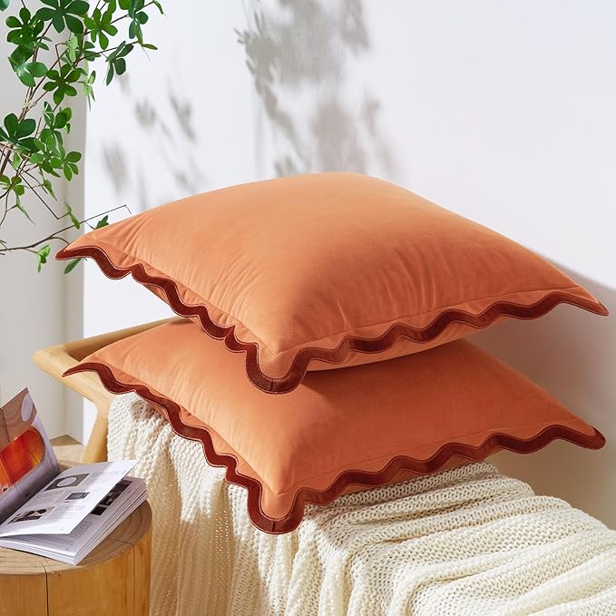 MONDAY MOOSE Decorative Throw Pillow Covers Cushion Cases, Set of 2 Soft Velvet Scalloped Wavy Edge Designs, Mix and Match for Home Decor, Pillow Inserts Not Included (Rust/Coral, 18x18 inch)