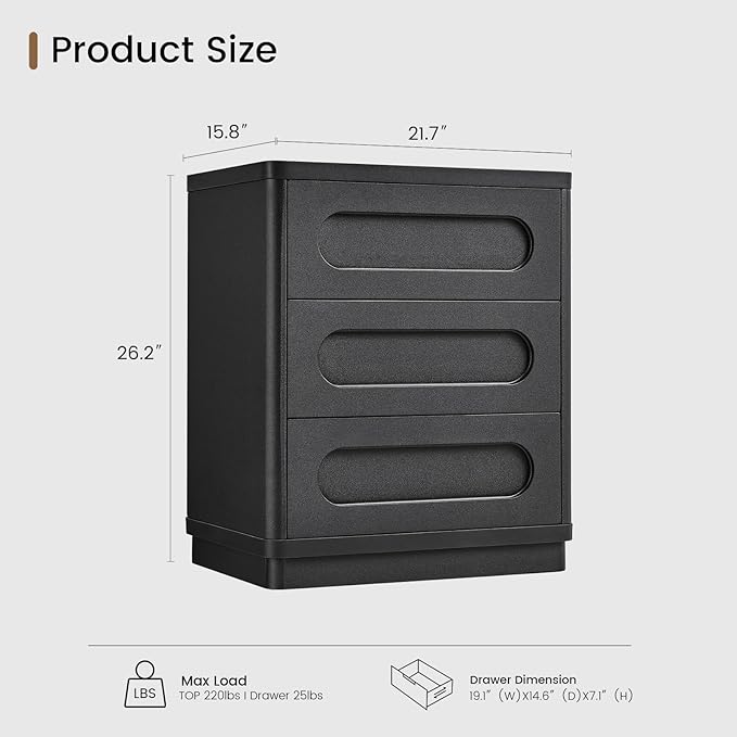 Night Stand Set of 2, Nightstand with 3 Drawers, 21.7"(W) x 15.8"(D) Large Night Stand Bedside Tables for Bedroom, Modern Storage Bedside Table for End Tables, Sofa, Black