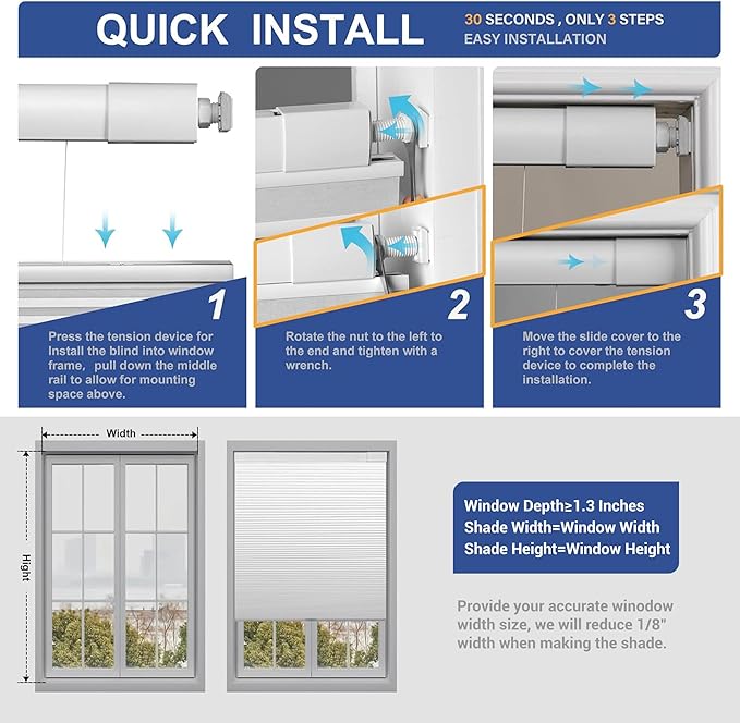 No Drill No Tools Cellular Shades Top Down Bottom Up Blackout Blinds for Windows Cordless Honeycomb Window Shades Easy to Install for Home, Blackout-Grey, Customized Size