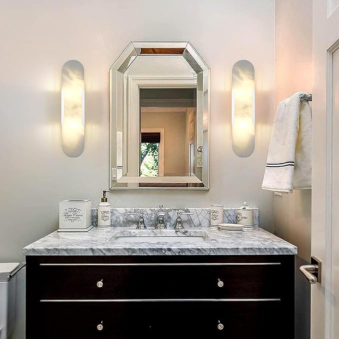 19.7inch Modern Marble Wall Sconces,Alabaster Sconces Indoor Bathroom Vanity Light Chrome Metal Wall Mount Light Fixtures for Stairs Bathroom Living Room Bedroom