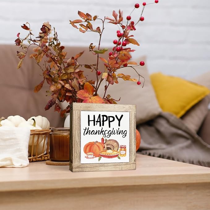 Happy Thanksgiving Wood Signs, Fall Decor Art, Decorative Wooden Plaque for Office Home Party Decors, Pumpkin Decoration, Thanksgiving Gift, Box Sign Wood Desk Sign Decor 5.9X5.9X0.7inches
