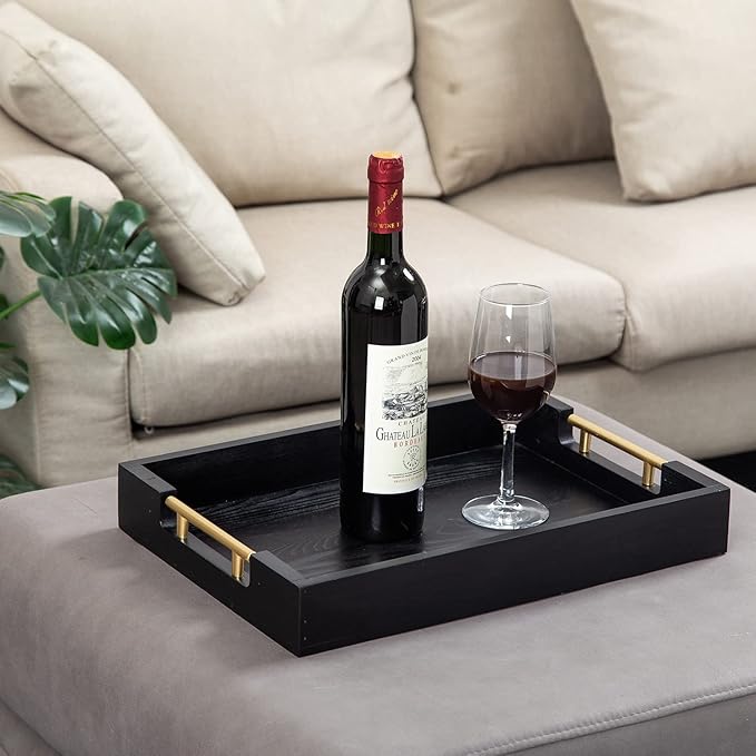 Decorative Coffee Table Ottoman Trays Modern Wood Elegant 16"x12" Rectangle Glossy Shagreen Serving Trays with Gold Metal Handles -Drinks, Liquor Serving Platter for All Occasion's(Black)