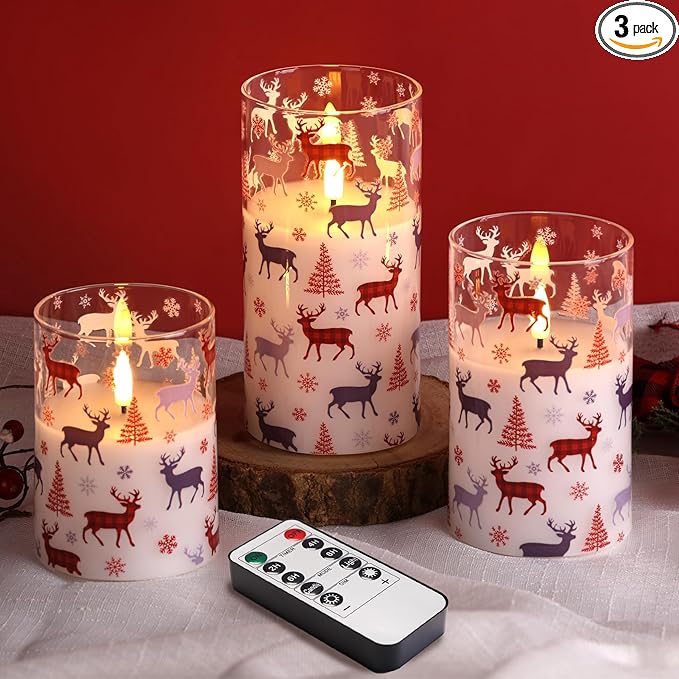 Red Buffalo Plaid Reindeer Christmas Glass Flameless Candles with Remote, Flickering Snowflakes Tree Xmas Decorative LED Pillar Candles Set of 3