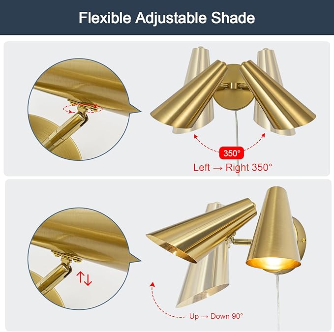 Gold 2-Light Plug in Wall Sconce, Modern Vanity Light Wall Lamp with Rotatable Lampshade Picture Light for Bedroom Living Room Bathroom Foyer