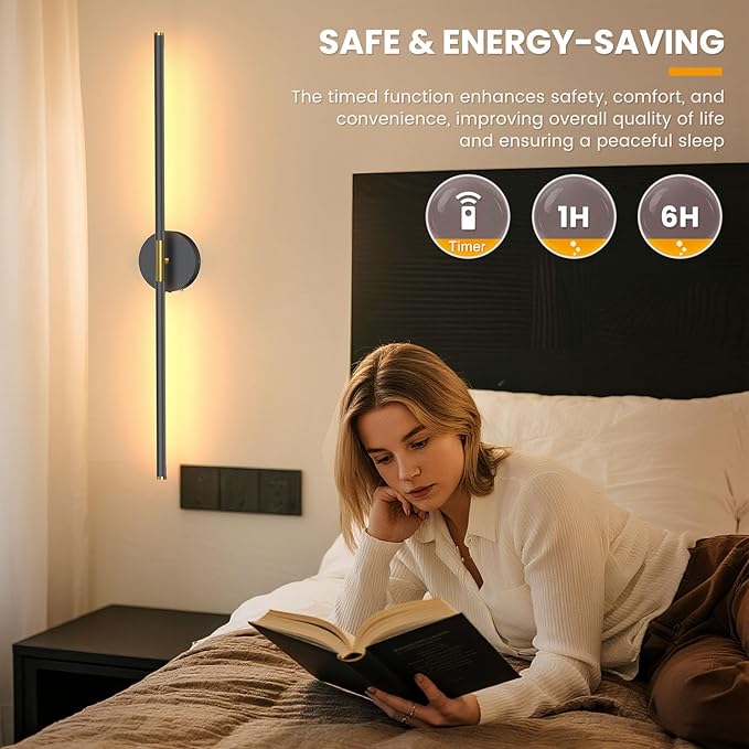 NIORSUN 34 Inch Battery Operated Wall Sconce Set of 2, Black-Gold Round Base Rechargeable Wall Lights with Remote, 3CCT Dimmable Wireless Wall Sconces for Living Room Bedroom Hallway