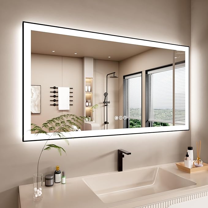 72x32 Inch LED Bathroom Mirror with Black Frame, Backlit and Front Lighted Bathroom Mirrors for Wall, Anti-Fog, Dimmable, Memory, Shatterproof, LED Vanity Mirror for Bathroom