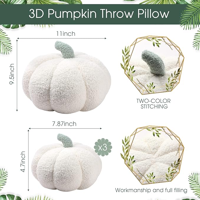 Kajaia 4 Pcs Fall Decor Pumpkin Throw Pillow Fall Pillow 11 Inches 7 Inches 3D Cushion Thanksgiving Sherpa Plush Fluffy Stuffed for Autumn Halloween Christmas Home Sofa(White)