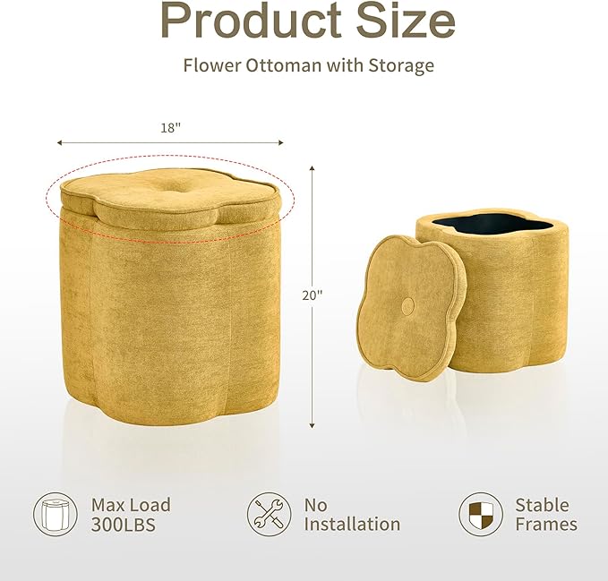 Crestview Collection 18" Flower Foot Rest Ottoman with Storage,Chenille Fabric Pouf Ottoman for Home Decor, Vanity Stool, Extra Seating for Living Room, Bedroom, Entryway, Spice Yellow