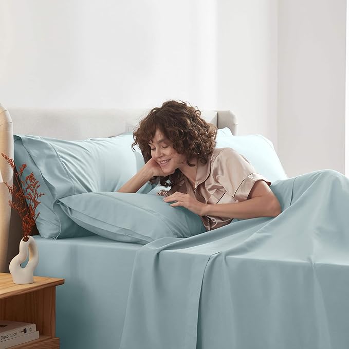Nestl Extra Deep Twin Sheet Set - 4 Piece Breathable & Cooling Sheets - Hotel Luxury Bedding Set w/18-24 Inch Deep Pockets - Easy & Secure Fit - Super Soft, Wrinkle Free & Comfy - Light Blue