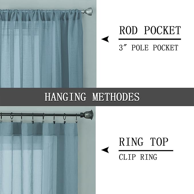 Tollpiz Sheer Curtain Linen Textured Bedroom Curtains Sheer Light Filtering Rod Pocket Voile Curtain for Living Room, 54 x 95 inches Long, Dusty Blue, Set of 2 Panels