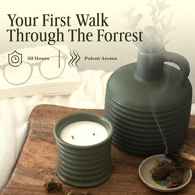Scented Luxury Candles in Handmade Ceramic Jars, Soy Wax | Woody Wood β Oud & Agarwood, Large Candle | Non Toxic, 2 Wicks, Reusable Big Olive Green Jar | Natural Spring Aromatherapy for Women & Men