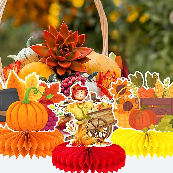 9Pcs Fall Centerpiece Table Decorations Fall Party Decorations Thanksgiving Table Centerpiece Turkey Centerpiece Pumpkin Honeycomb for Thanksgiving Table Decoration Autumn Birthday Party Supplies