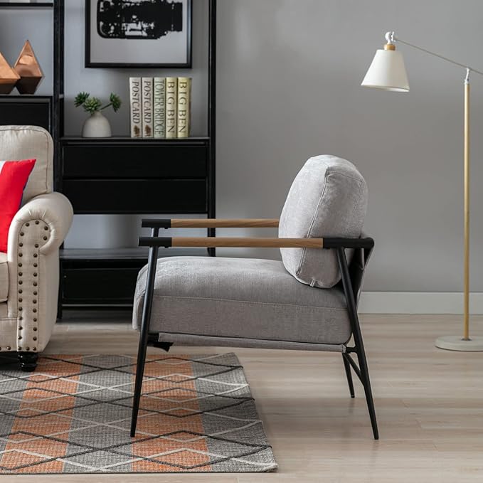 LukeAlon Mid-Century Chenille Accent Chair, Ultra Soft Living Room Chair with Metal Legs Modern Armchair Lounge Chair Upholstered Comfy Leisure Chair for Bedroom Reception Area Reading Room, Grey