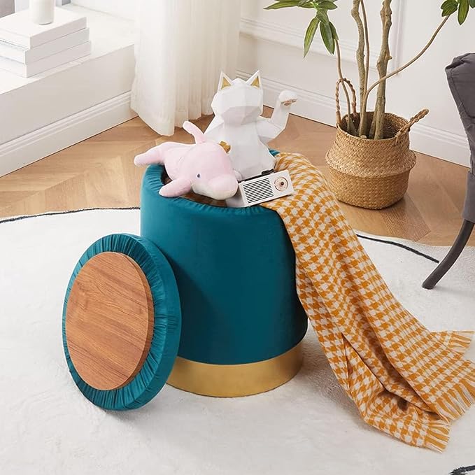Mxfurhawa Velvet Storage Ottoman Multipurpose Footrest Stool with Metal Base Modern Round Vanity Stool Chair Ottoman Foot Stools Support 300 lbs Padded Seat for Living Room (Blue Green)