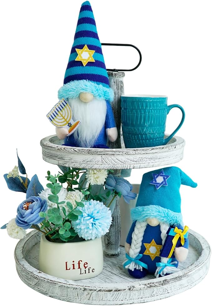 Hanukkah Gnomes Decorations for Home- Jewish Gifts Plush Gnome with Chanukah Menorah- Hanukkah Decorations Indoor for Office, Party, Tiered Tray Decor