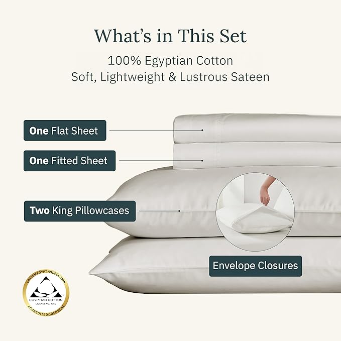 California Design Den Certified Luxury 100% Egyptian Cotton Bed Sheets - King Sheets Set with Deep Pockets, Sateen Weave, Cool and Durable Luxury Bedding Set - Ivory (Cream Tone)