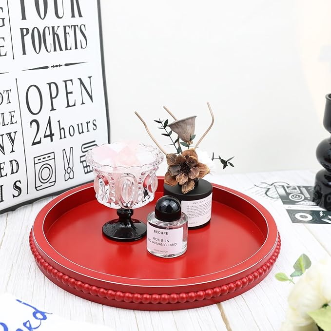 Red Round Wood Decorative Ottoman Tray for Coffee Table Kitchen Counter, Living Room, Handcrafted Wooden Serving Tray for Table Centerpiece