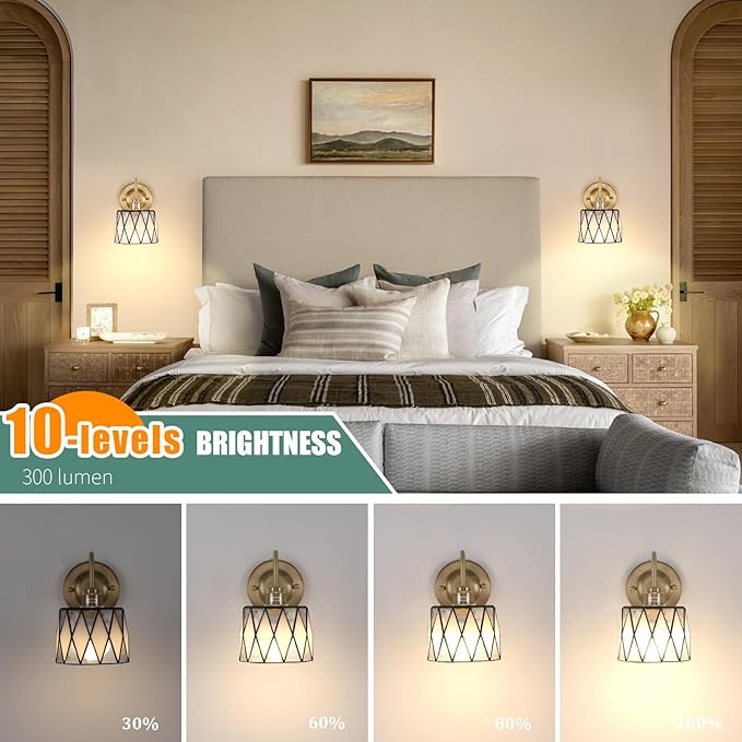 Vintage Battery Operated Wall Sconce Set of 2, 5000mAh Rechargeable Wall Lamp 12 RGB Colors Dimmable, Gold Lights Fixture for Bedroom Bathroom Living Room Hallway Clear Checker