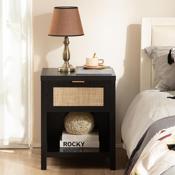 SICOTAS Rattan Nightstand, Farmhouse Night Stands with Drawer, Boho End Side Table for Bedroom, Small Space, Black Oak