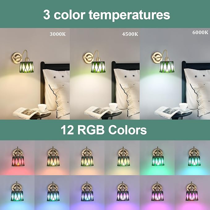 Vintage Battery Operated Wall Sconce Set of 2, 5000mAh Rechargeable Wall Lamp 12 RGB Colors Dimmable, Gold Lights Fixture for Bedroom Bathroom Living Room Hallway Clear Green Checker