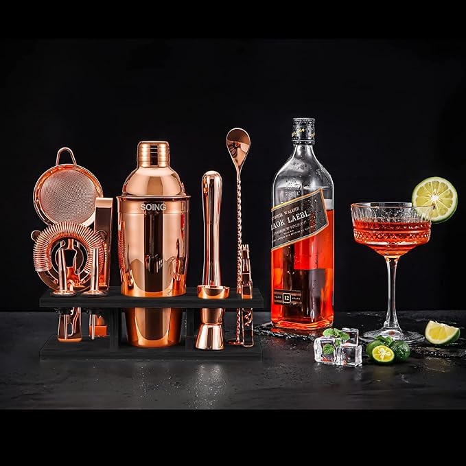 SOING 11-Piece Mixology Bartender Kit with Stand,Bar Kit Cocktail Shaker Set with All Essential Accessories:Martini Shaker,Spoon,Muddler,Strainer,Jigger,Tongs,Liquor Pourers