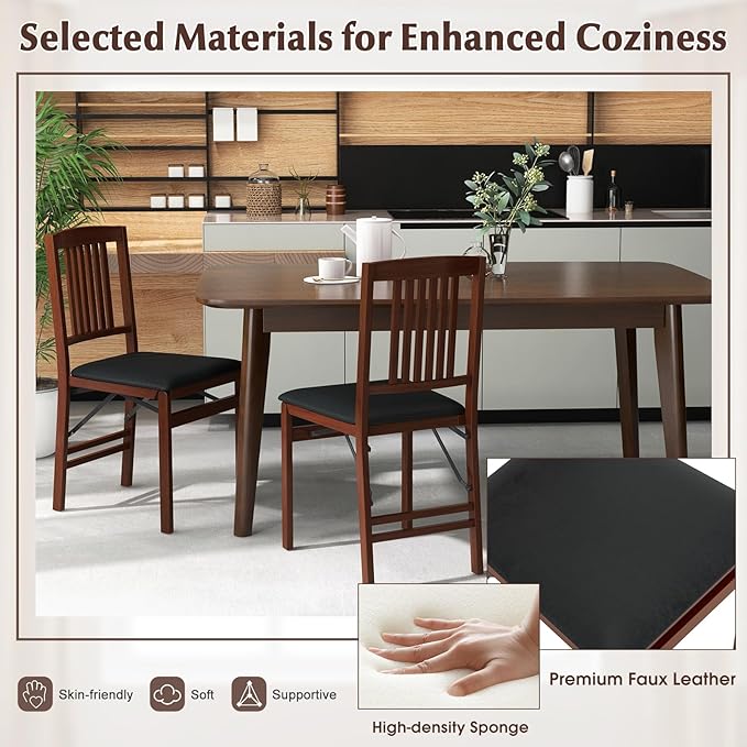 COSTWAY Folding Dining Chairs Set of 2, Wooden Kitchen Side Chairs w/Padded Seat, Solid Wood Frame, 400 LBS Load Bearing, No Assembly Needed, Vintage Foldable Chairs for Dining Room, Living Room