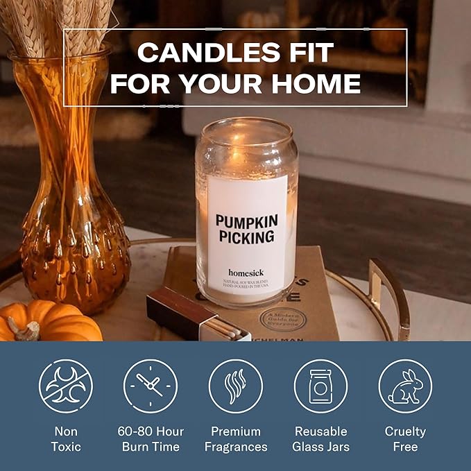 Homesick Scented Candles for Home (Pumpkin Picking) - 13.75 oz Natural Long-Lasting Soy Wax Blend Jar Candle Gifts for Women & Men, 60-80 Hours Burn Time - Notes of Pumpkin, Nutmeg & Ginger