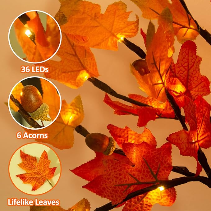 2Pack Artificial Fall Lighted Maple Tree - 1.5FT 36 LED Thanksgiving Decor Lights, Battery Operated Tabletop Lamp with 6 Acorns, 6-Hours Timer, for Wedding Party Indoor Outdoor Autumn Decor…