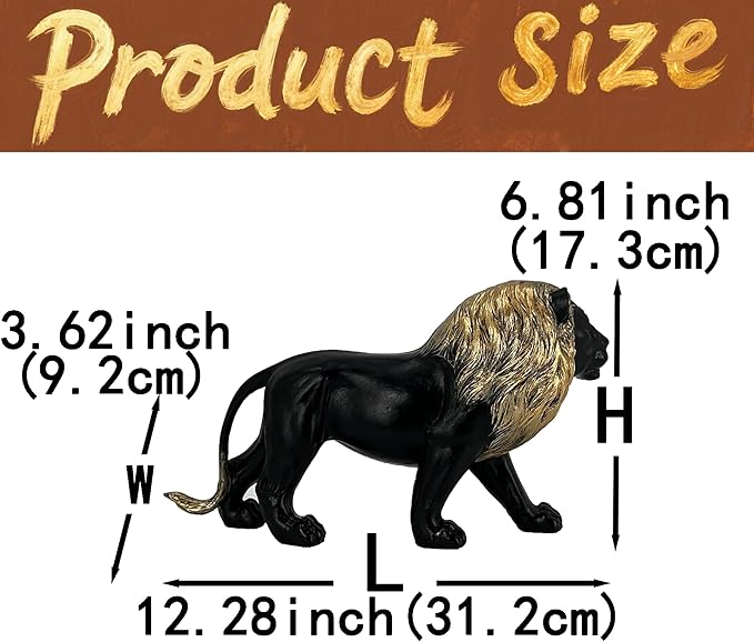 12" Collectible Black Gold Lion Statue, Desk Decor, Room Decor, Home Decor, Modern Art Sculpture, Handmade Resin Animal Statue, Gift for Women,Brother,Friend