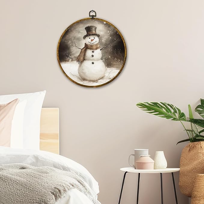 QZQE Vintage Winter Snowman Round Wall Art Decor Framed, Rustic Farmhouse Cottage Christmas Canvas Prints, Retro Xmas Cozy Winter Holiday Wall Hanging Decor for Home Bedroom Living Room, 10x10 Inch
