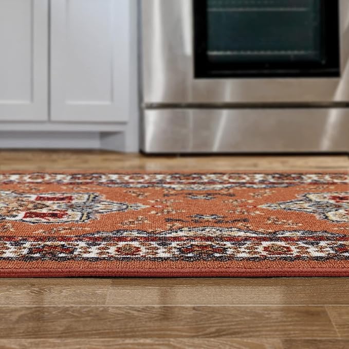 Antep Rugs Alfombras Oriental Traditional 2x7 Non-Skid (Non-Slip) Low Profile Pile Rubber Backing Indoor Runner Rugs (Rust Brown, 2' x 7')