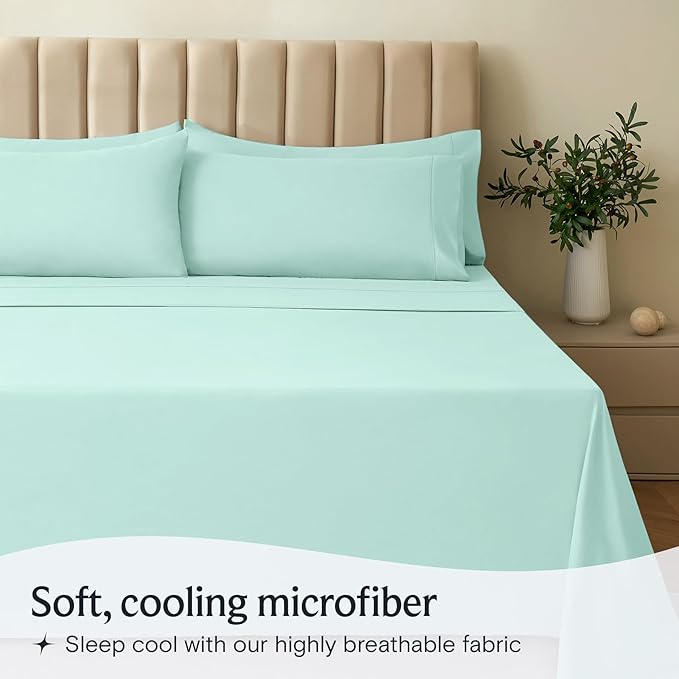 LuxClub 4 PC Sheet Set Bed Sheets Deep Pockets 16" Eco Friendly Wrinkle Free Cooling Machine Washable Hotel Bedding Silky Soft - Aquamarine Full