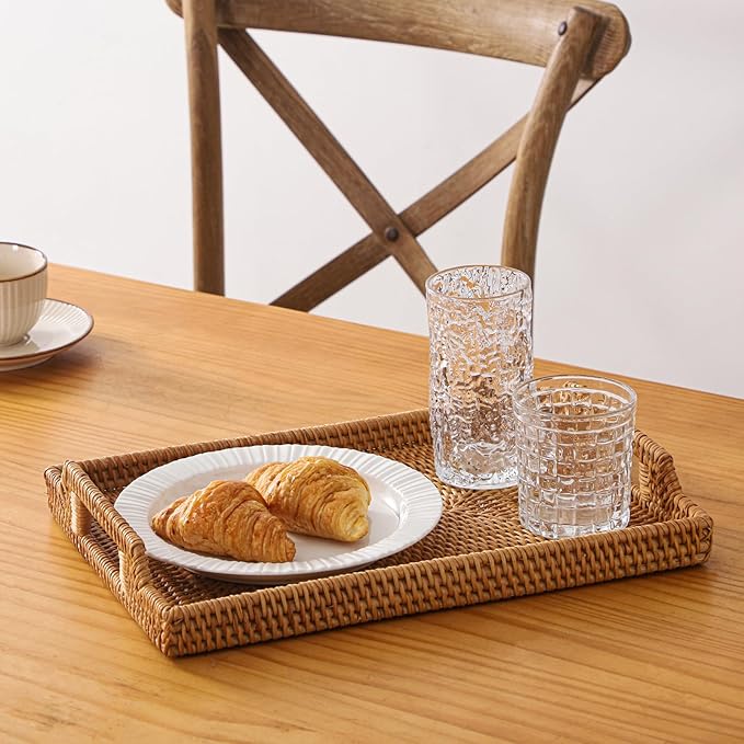17'' Rattan Serving Tray Rectangle with Handles, Vintage Wicker Table Tray for Decor, Boho Hand Woven Seagrass Coffee Table Basket Tray for Ottoman, Breakfast, Bathroom, Outdoor