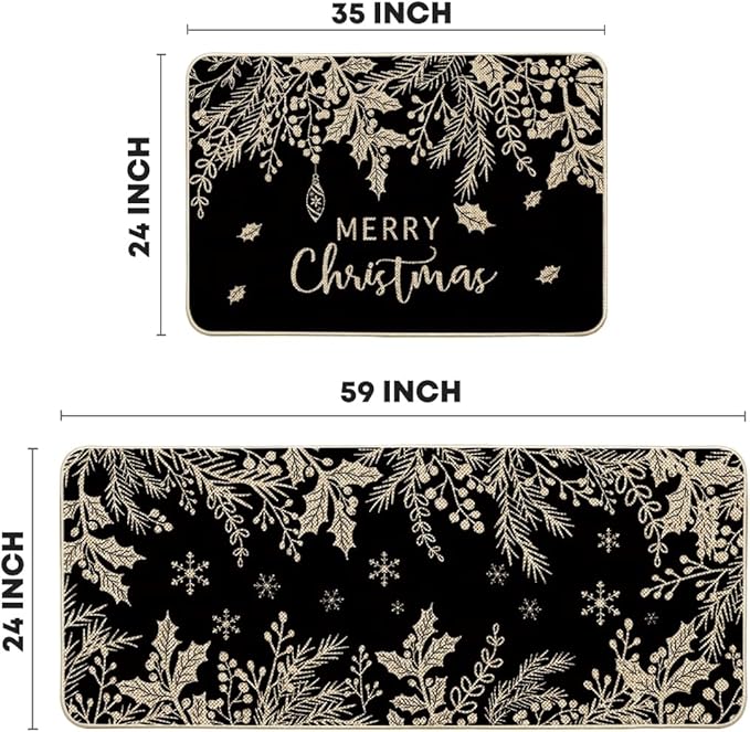 Artoid Mode Black Holly Pine Branches Merry Christmas Kitchen Mats Set of 2, Winter Decor Low-Profile Kitchen Rugs for Floor - 24x35 and 24x59 Inch