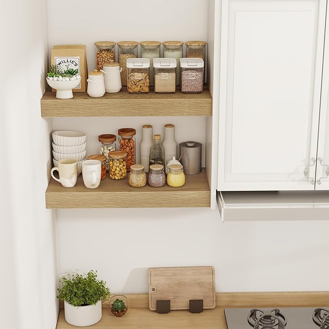 24 Inch Floating Shelves, 12" Deep Floating Shelf Wall Mounted, 24" Wall Shelves, Rustic Deep Bookshelf, Extra Deeper & Thicker Display Shelves for Bedroom, Living Room, Oak, Set of 2