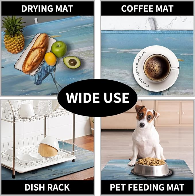 Summer Blue Dish Drying Mat for Kitchen Counter 16x18 Inch Heron Coastal Beach Drying Mats Nautical Ocean Bird Dishes Drainer Mats Microfiber Absorbent Dish Rack Pad