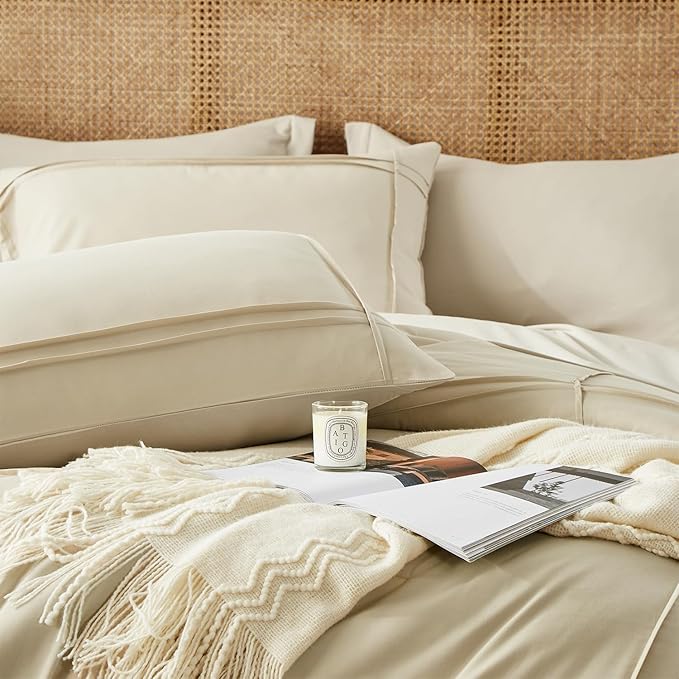 Yogeneg King Size Comforter Set 7 Piece Bed in a Bag,Grid Pinch Pleat Beige Bedding Set,Striped Textured Soft Microfiber Comforter with Sheet Set,All Season Complete Bed Set(Beige,King)