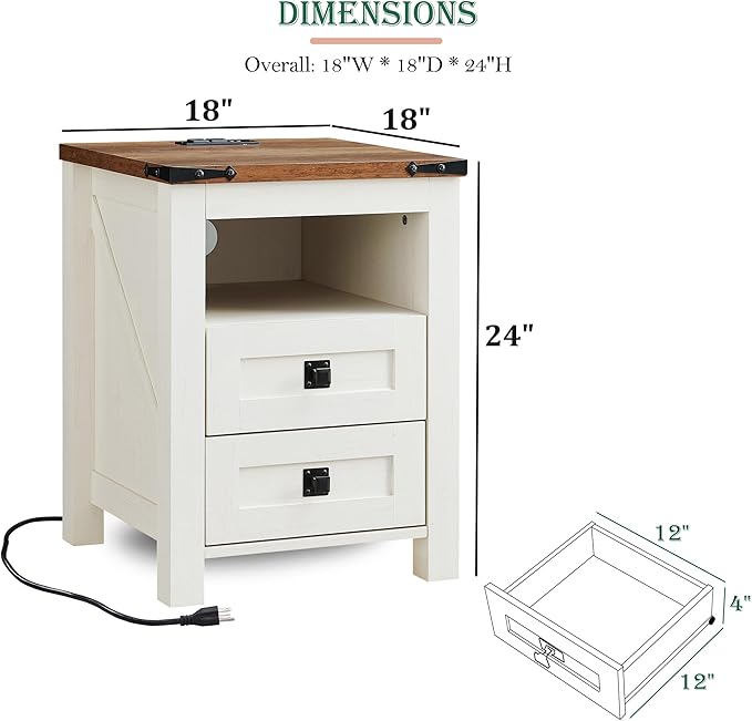 RedLemon Farmhouse Nightstand with Charging Station, Rustic 18 Inch End Table with 2 Storage Drawers and Open Shelf, Wood Sofa Side Table for Bedroom, Living Room (Antique White)