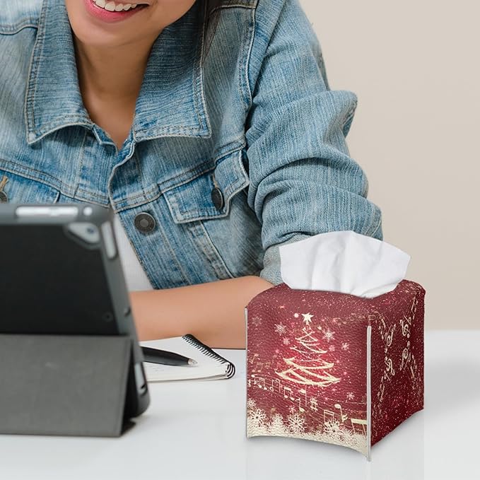 Christmas Tree Tissue Box Holder Square Tissue Holder Organizer Modern Napkin Cover for Bedroom Dresser Night Stand Office Desk PU Leather Decor