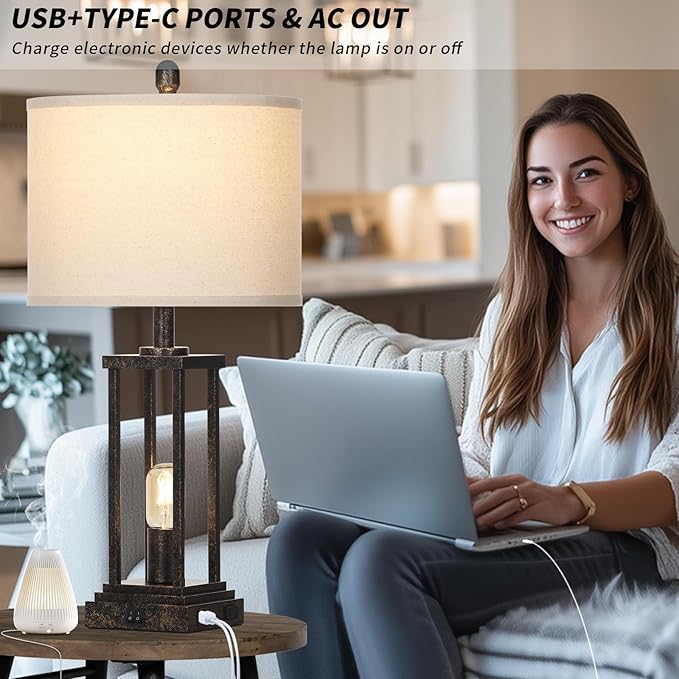 27" Tall Farmhouse Table Lamps with Night Light, Bronze Industrial End Table Lamp for Living Room, Rustic Bedside Lamps Set of 2 with USB C+A Ports & AC Outlet, Vintage Bedroom Lamp for Nightstand